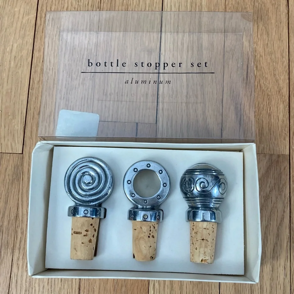 NWT Pier 1 Aluminum and Cork Boxed Bottle Stopper Set of 3